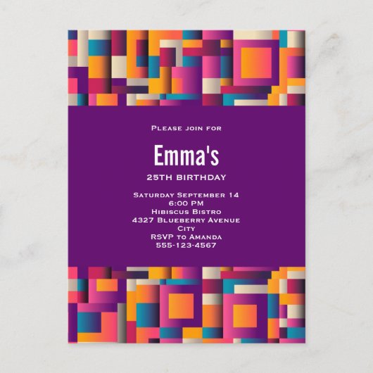 Kleurrijke Abstracte vierkantjes en vormen van zat Uitnodiging Briefkaart (Voorkant)