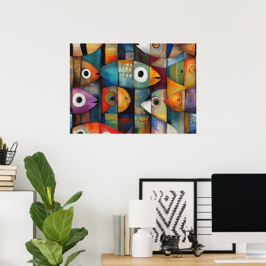 Kleurrijke Abstracte Vissen Kunst Poster (Thuiskantoor)