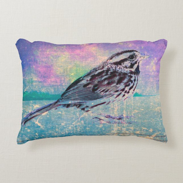 Kleurrijke Abstracte vogelkunst: levendige zangvog Accent Kussen (Voorkant)