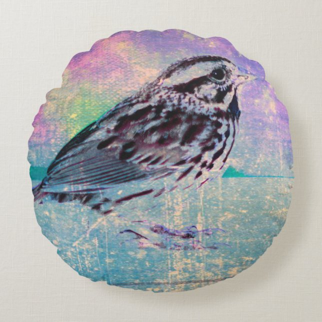 Kleurrijke Abstracte vogelkunst: levendige zangvog Rond Kussen (Voorkant)