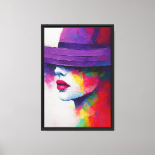 Kleurrijke Abstracte vrouw gezicht met Paarse Pet Canvas Afdruk