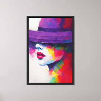 Kleurrijke Abstracte vrouw gezicht met Paarse Pet Canvas Afdruk