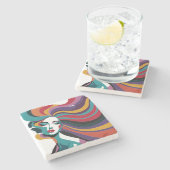 Kleurrijke Abstracte vrouw met vloeiende haarkunst Stenen Onderzetter (Zijkant)