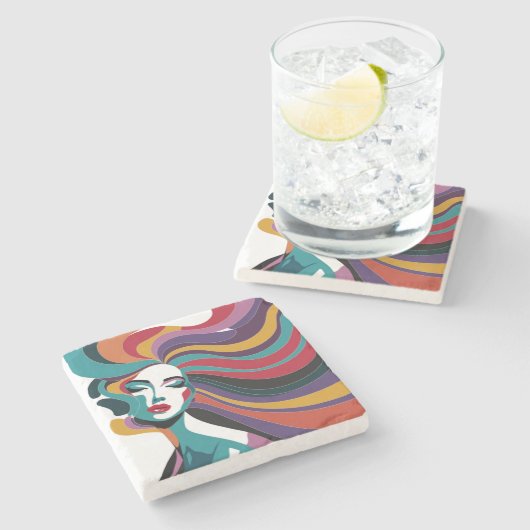 Kleurrijke Abstracte vrouw met vloeiende haarkunst Stenen Onderzetter (Zijkant)