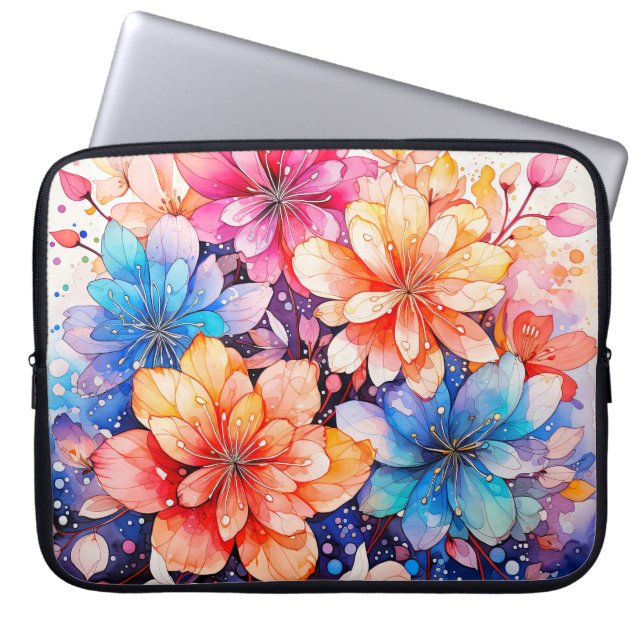 Kleurrijke Abstracte Waterverf Flower Art Laptop Sleeve (Voorkant)