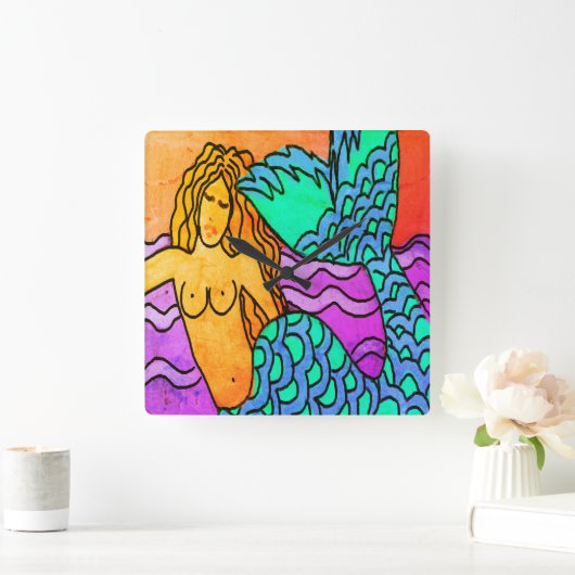 Kleurrijke Abstracte Zeemeerminnen schilderen Vierkante Klok (Huis)