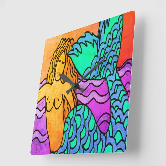 Kleurrijke Abstracte Zeemeerminnen schilderen Vierkante Klok (Hoek)