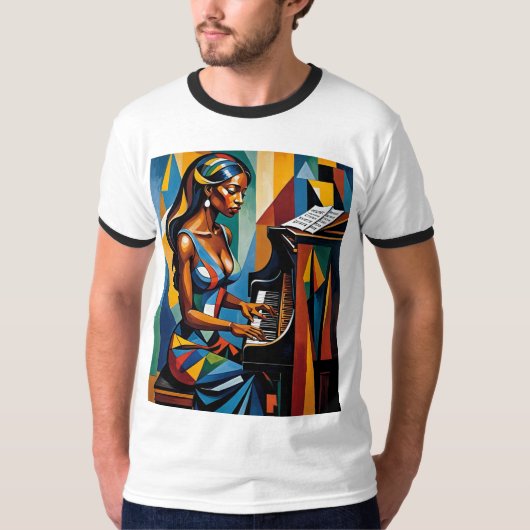 Kleurrijke Abstracte Zwarte Vrouw Pianist Shirt (Voorkant)