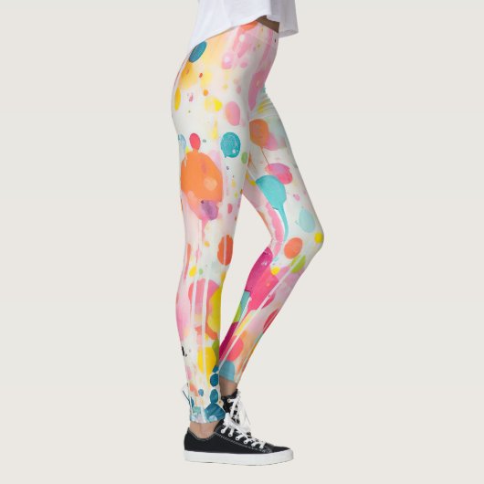 Kleurrijke acryl schilderij stippen op witte grond leggings (Rechts)
