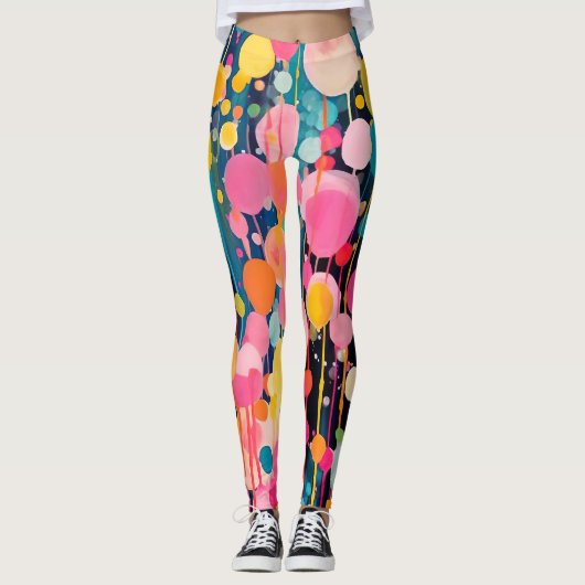 Kleurrijke acryl schilderij stippen op zwarte gron leggings (Voorkant)