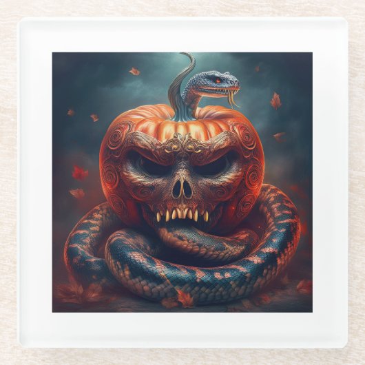 Kleurrijke adder verweven met kwade pompoen glazen onderzetter (Voorkant)