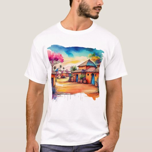 Kleurrijke Afrikaanse dorp aquarel schilderij T-shirt (Voorkant)