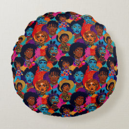 Kleurrijke Afrikaanse vrouwen op blauw Rond Kussen