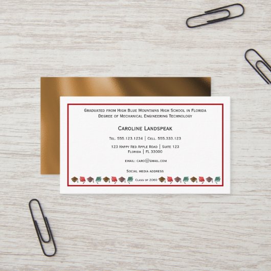 Kleurrijke Afstuderen Petten Rood & Wit Profession Visitekaartje (Voorkant / Achterkant in situ)