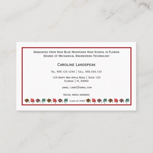 Kleurrijke Afstuderen Petten Rood & Wit Profession Visitekaartje (Voorkant)