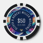 Kleurrijke agaattextuur wit op blauwe tekst bruilo poker chips (Voorkant)