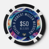 Kleurrijke agaattextuur wit op blauwe tekst bruilo poker chips (Achterkant)