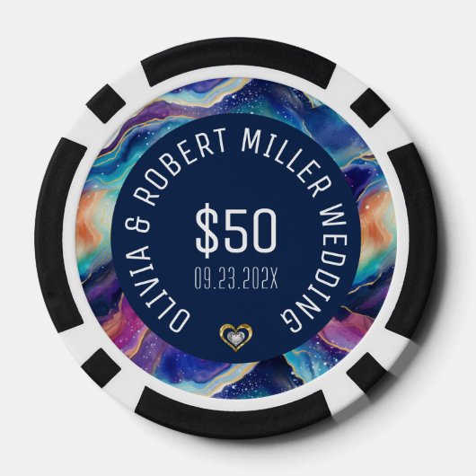 Kleurrijke agaattextuur wit op blauwe tekst bruilo poker chips (Achterkant)