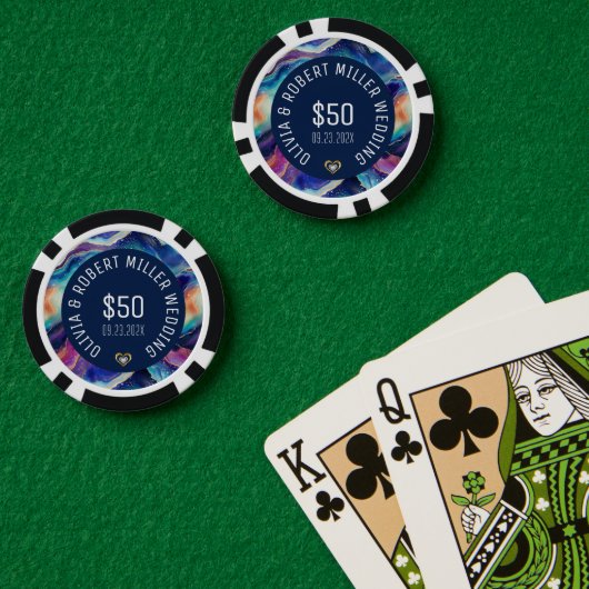 Kleurrijke agaattextuur wit op blauwe tekst bruilo poker chips (Pokertafel (Dubbel))
