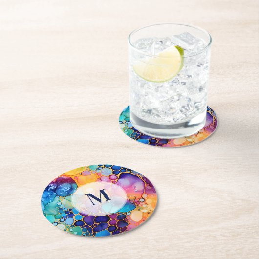 Kleurrijke alcoholinkt moderne waterverven achterg ronde kartonnen onderzetter (Insitu)