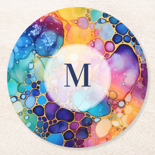 Kleurrijke alcoholinkt moderne waterverven achterg ronde kartonnen onderzetter (Voorkant)
