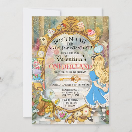 Kleurrijke Alice in Onederland Eerste 1e Verjaarda Kaart (Voorkant)