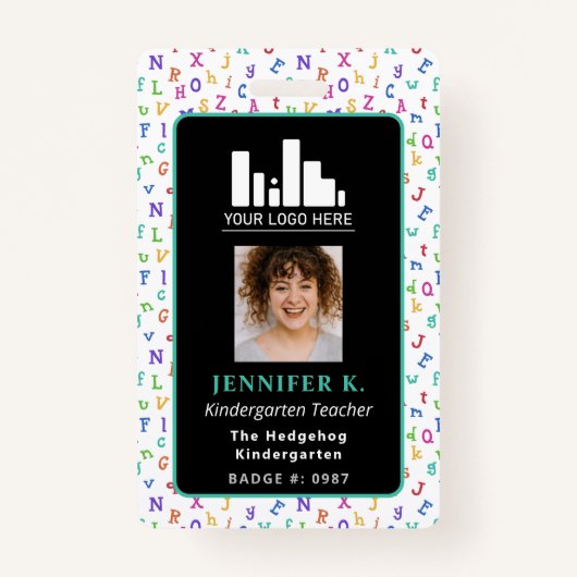 Kleurrijke Alphabet Teacher Foto & Logo Badge (Voorkant)