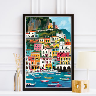 Kleurrijke Amalfi Coast Beach illustratie Foto Afdruk