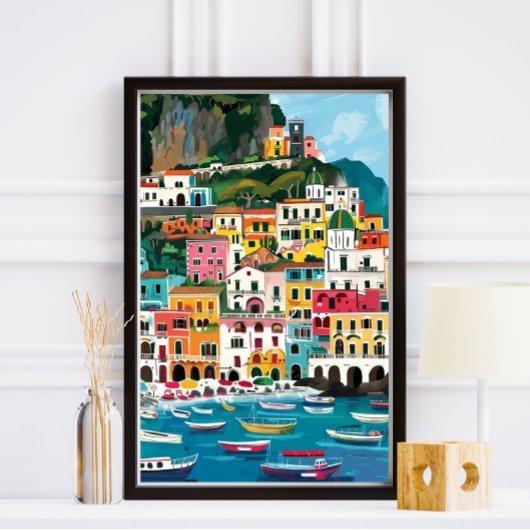 Kleurrijke Amalfi Coast Beach illustratie Foto Afdruk
