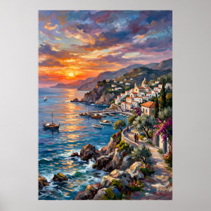 Kleurrijke Amalfi-kust zeegezicht poster