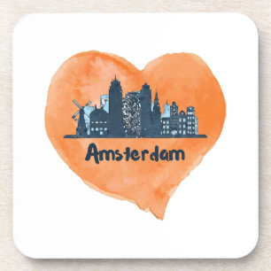 Kleurrijke Amsterdam City Skyline Waterverf Heart Bier Onderzetter