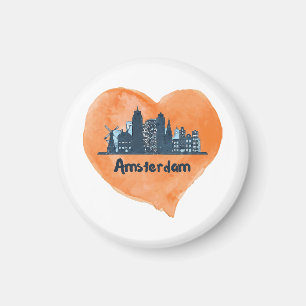 Kleurrijke Amsterdam City Skyline Waterverf Heart Magneet