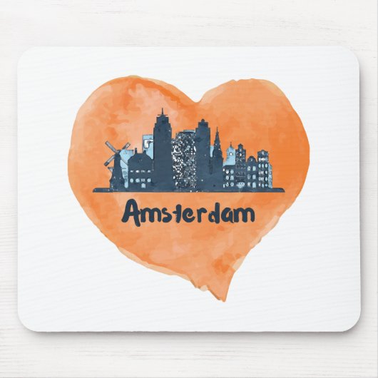 Kleurrijke Amsterdam City Skyline Waterverf Heart  Muismat (Voorkant)