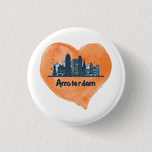 Kleurrijke Amsterdam City Skyline Waterverf Heart Ronde Button 3,2 Cm