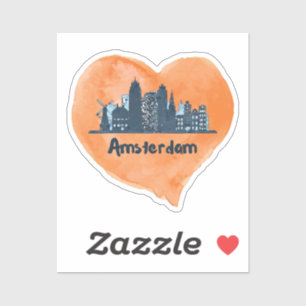 Kleurrijke Amsterdam City Skyline Waterverf Heart Sticker
