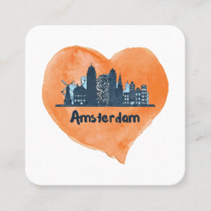 Kleurrijke Amsterdam City Skyline Waterverf Heart Vierkante Visitekaartje