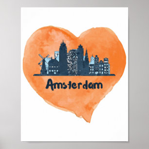 Kleurrijke Amsterdam Stad Silhouet Waterverf Hart Poster