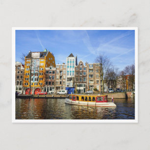 Kleurrijke Amsterdamse grachtenhuizen & boot Briefkaart