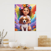 Kleurrijke Angel Girl met Puppy Child's Wall Poste Poster (Keuken)