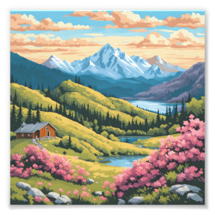 Kleurrijke Anime Berglandschap Hut Kunst Foto Afdruk