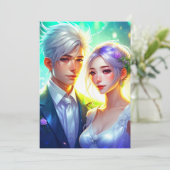 Kleurrijke anime koppel bruiloft kaart (Staand voorkant)