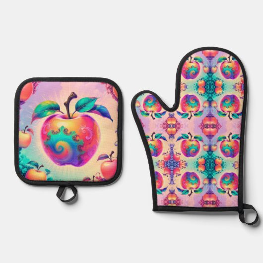 Kleurrijke appel ovenwant & pannenlap set (Voorkant)