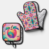 Kleurrijke appel ovenwant & pannenlap set (Voorkant / Achterkant)