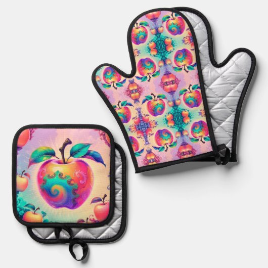 Kleurrijke appel ovenwant & pannenlap set (Voorkant / Achterkant)
