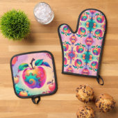 Kleurrijke appel ovenwant & pannenlap set (Top down)