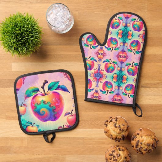 Kleurrijke appel ovenwant & pannenlap set (Top down)