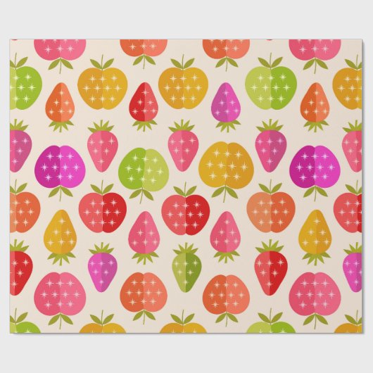 Kleurrijke appels en aardbeien met Retro Stars Cadeaupapier (Vlak)