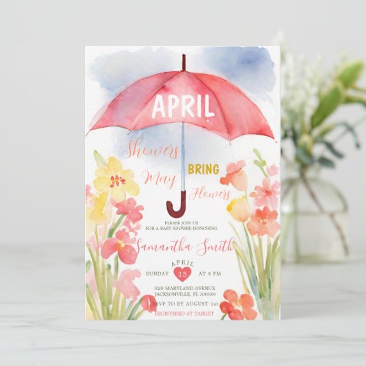 Kleurrijke April Douches Roze Paraplu Baby shower Kaart (Staand voorkant)