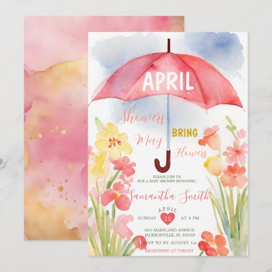 Kleurrijke April Douches Roze Paraplu Baby shower Kaart (Voorkant / Achterkant)
