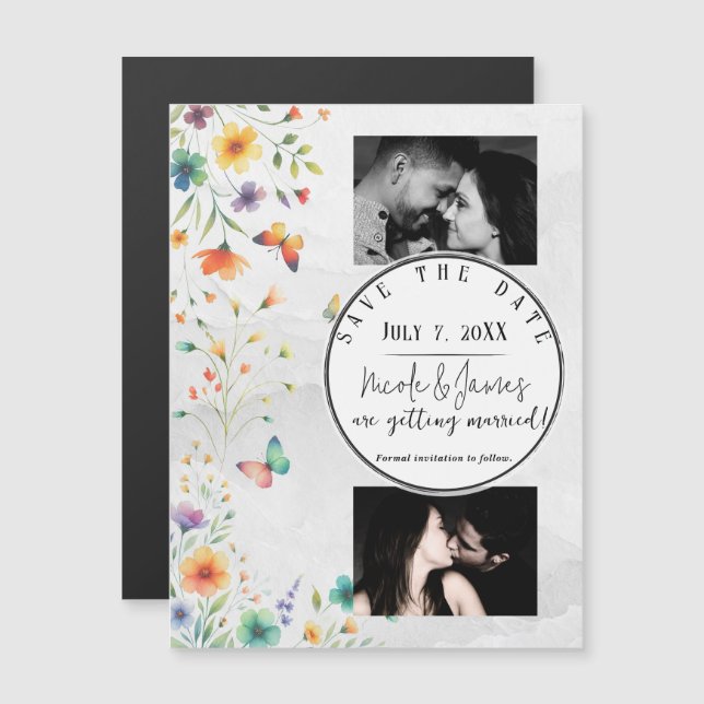 Kleurrijke Aquarel Bloem Vlinder Save the Date (Voorkant / Achterkant)